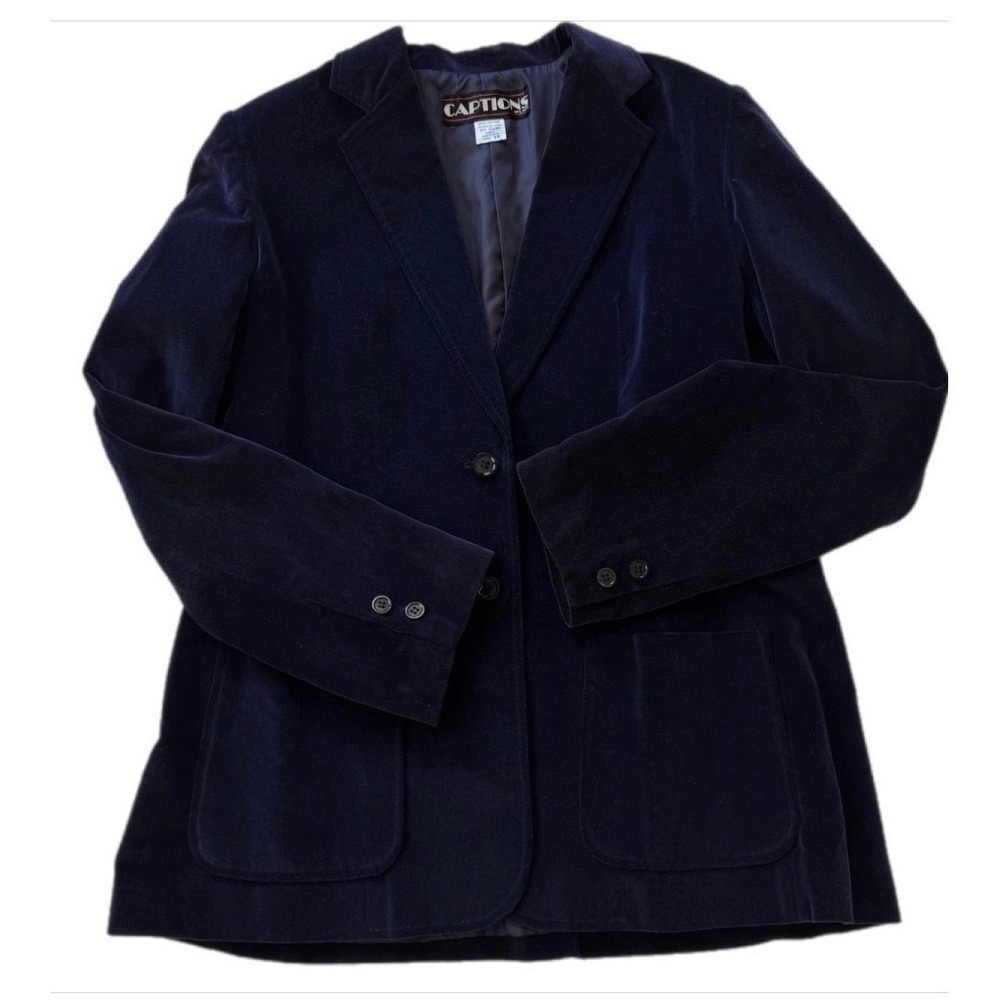 Captions Blazer Women 18 Navy Blue Velvet Cotton Japan Vintage Two Button Jacket